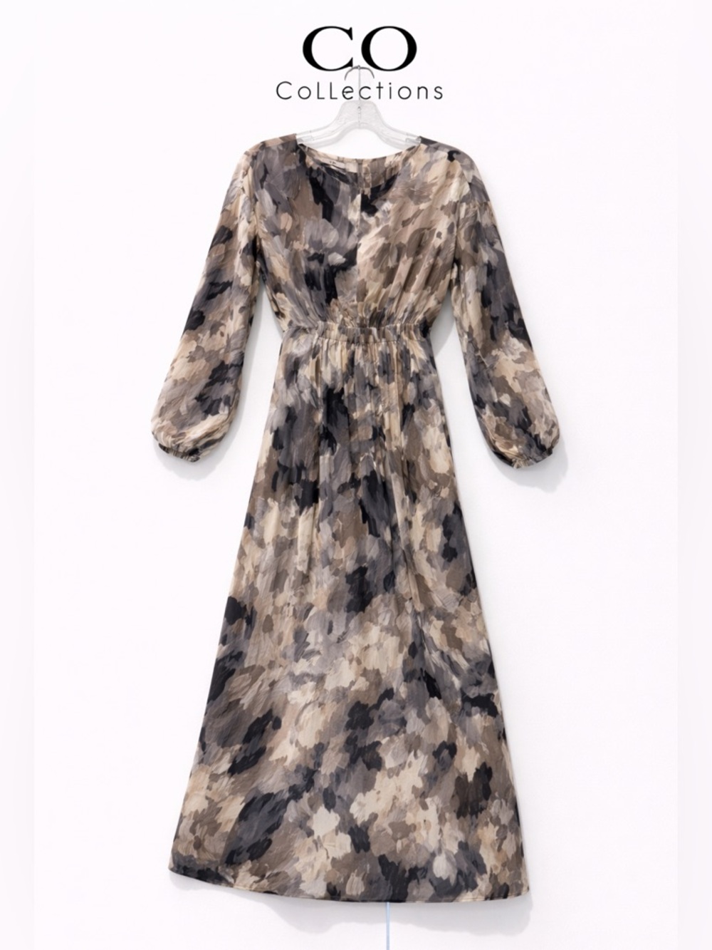 CO Silk Dress L Neutral Midi Long Sleeve Elastic Waist Abstract Print Designer